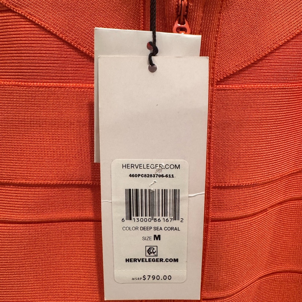 Herve Leger Deep Sea Coral Ruched V-Neck Bodycon Dress - Picture 3 of 4